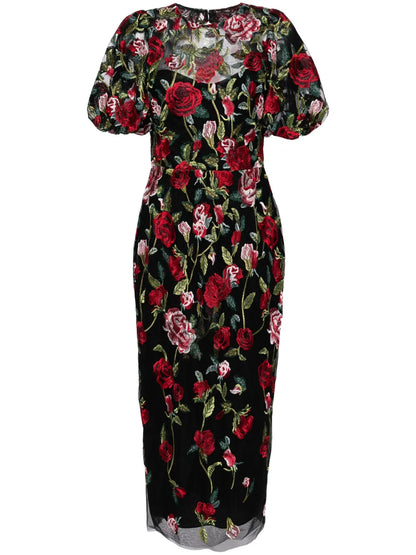 Floral-Embroidered Tulle-Panels Dress