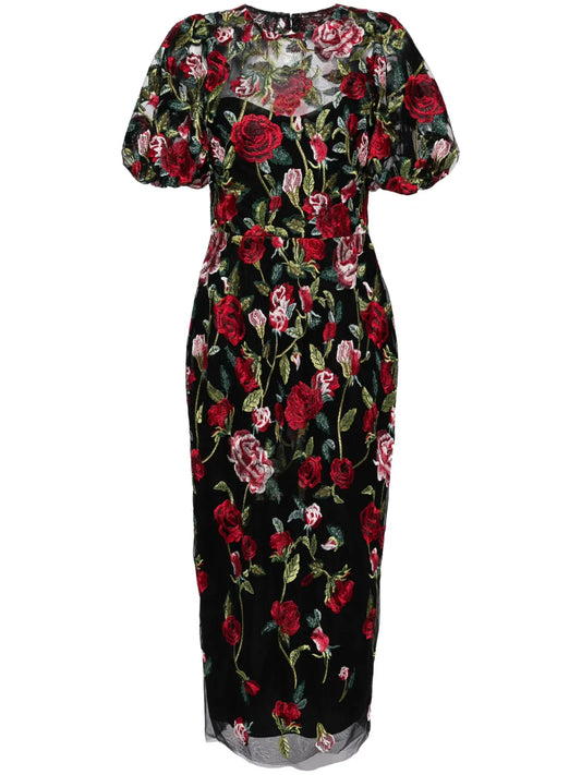 Floral-Embroidered Tulle-Panels Dress