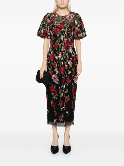 Floral-Embroidered Tulle-Panels Dress