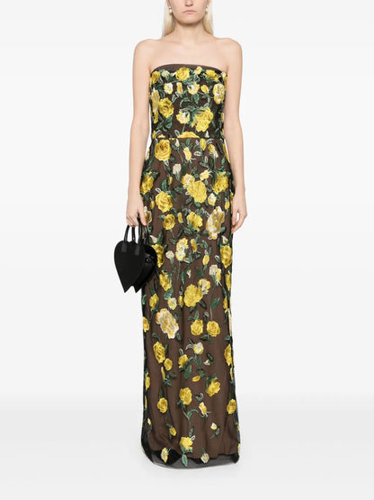 Floral-Embroidered Tulle-Panels Gown