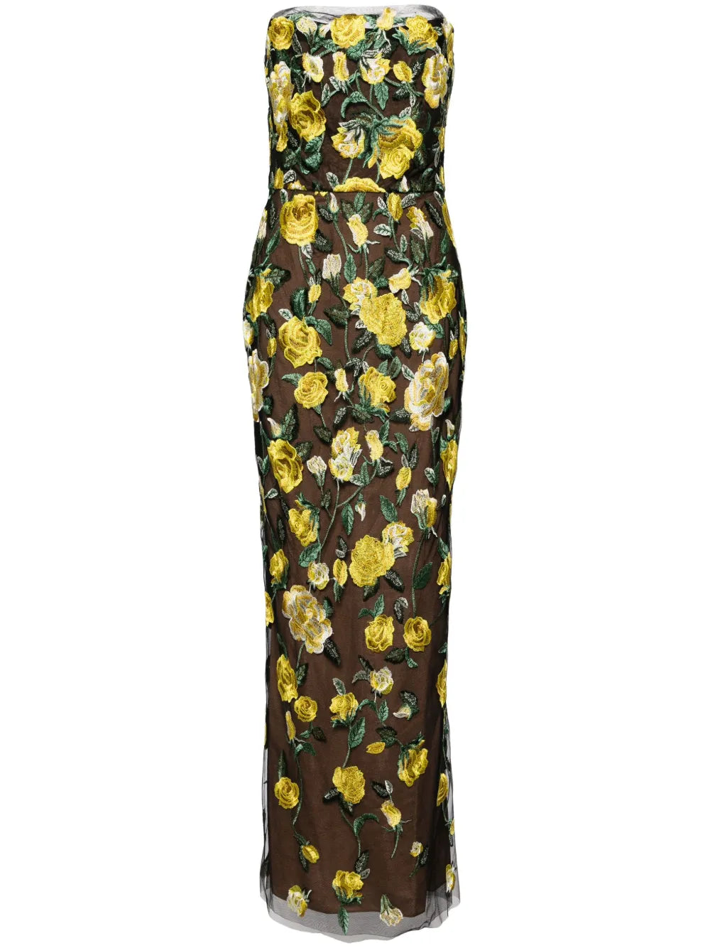 Floral-Embroidered Tulle-Panels Gown