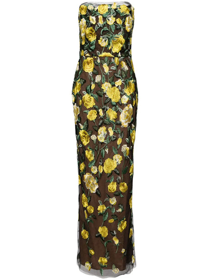 Floral-Embroidered Tulle-Panels Gown
