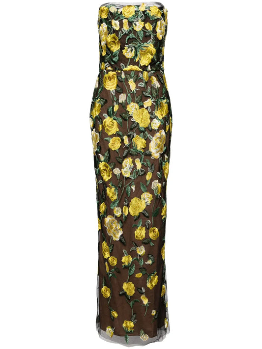 Floral-Embroidered Tulle-Panels Gown