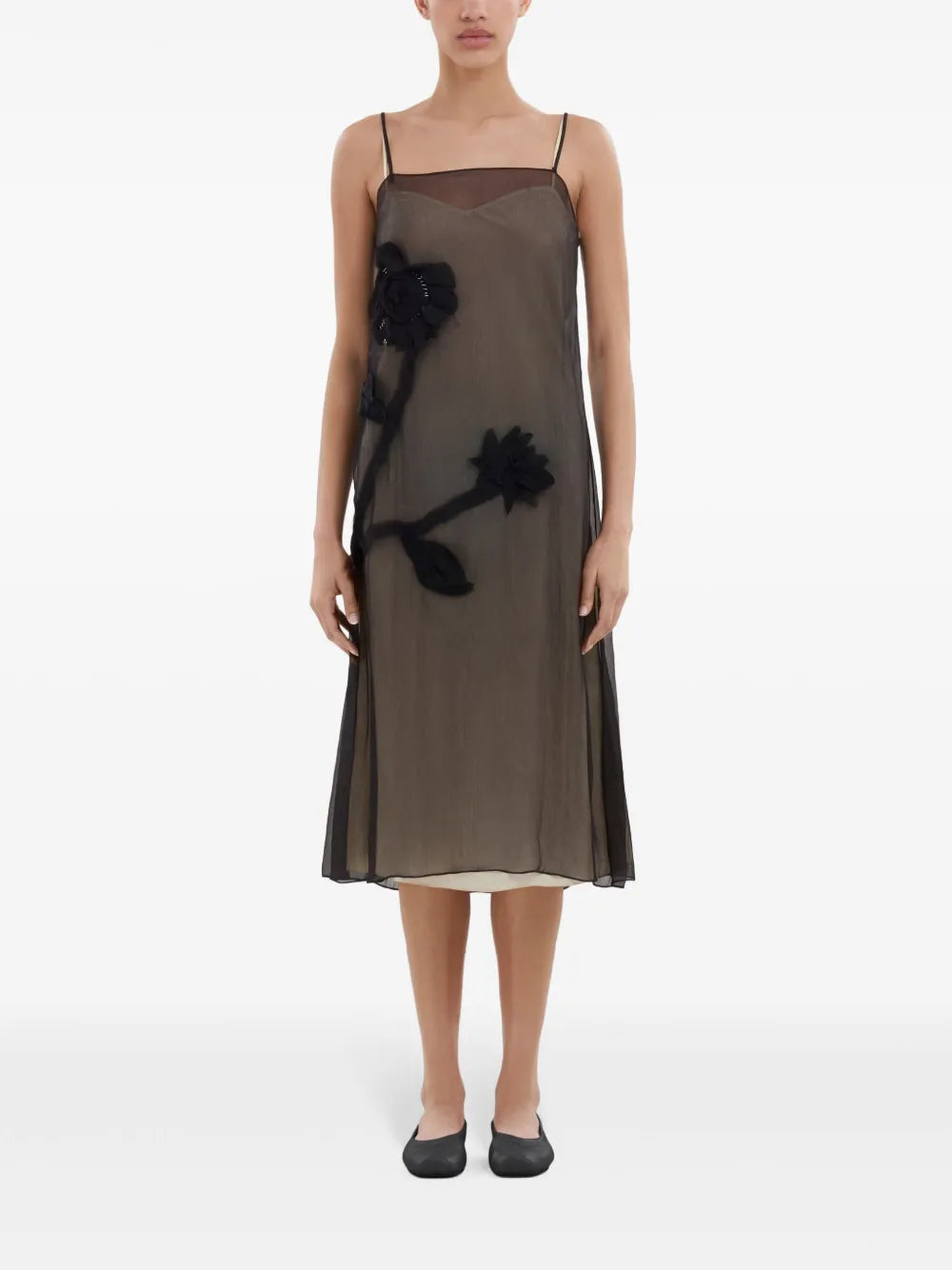 Floral-Appliqué Crepon Dress