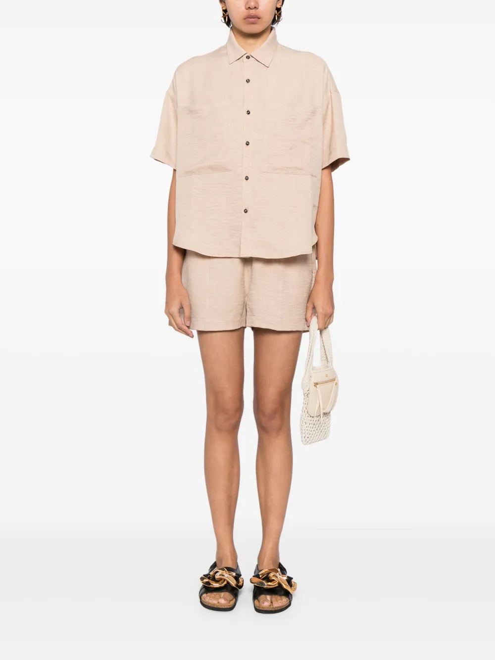 Classic-Collar Drop-Shoulder Shorts Set