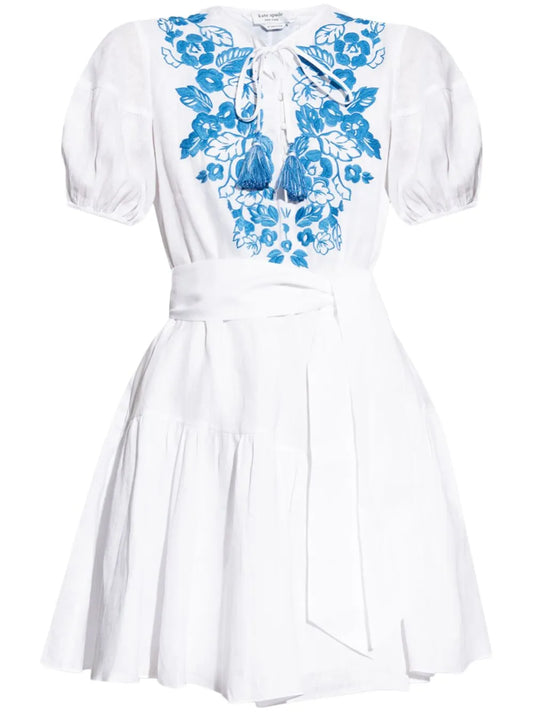 Floral-Embroidered Linen Mini Dress
