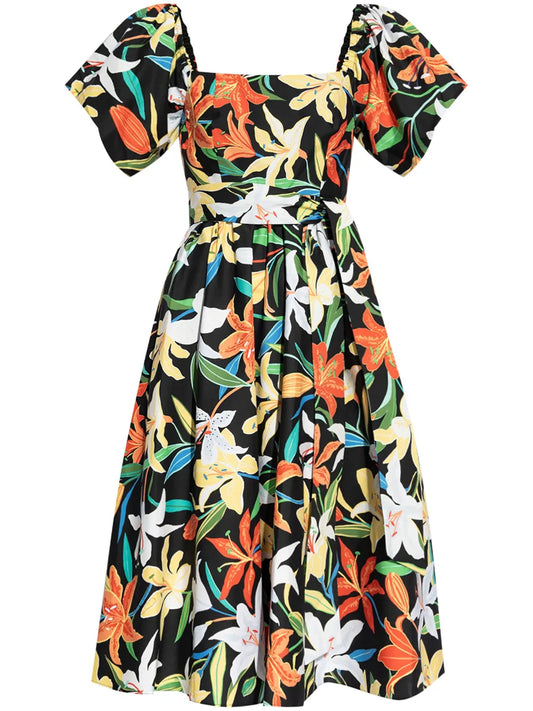 Floral-Print Square-Neck Midi Dress