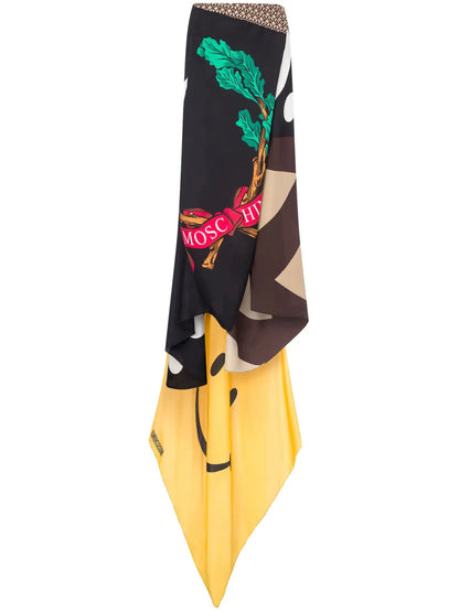 Mix-Print Asymmetric Silk Skirt
