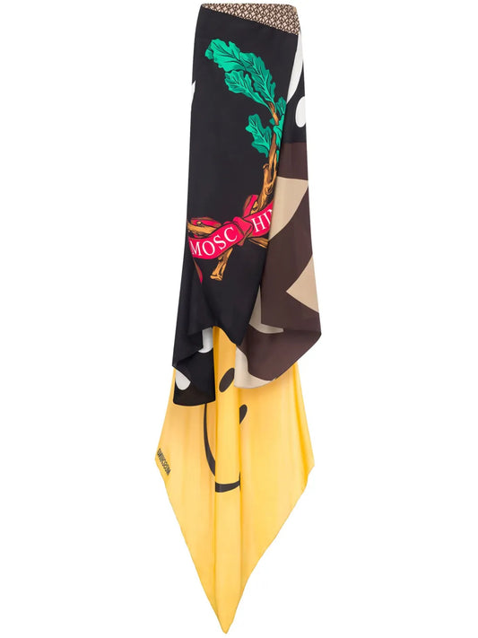 Mix-Print Asymmetric Silk Skirt