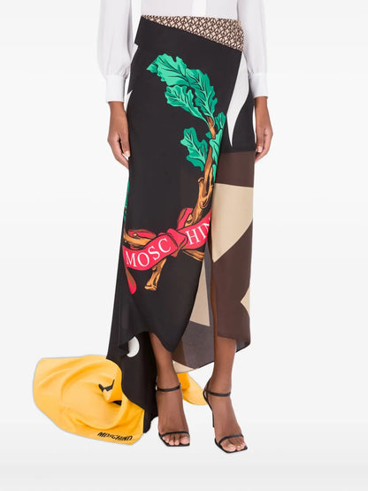 Mix-Print Asymmetric Silk Skirt