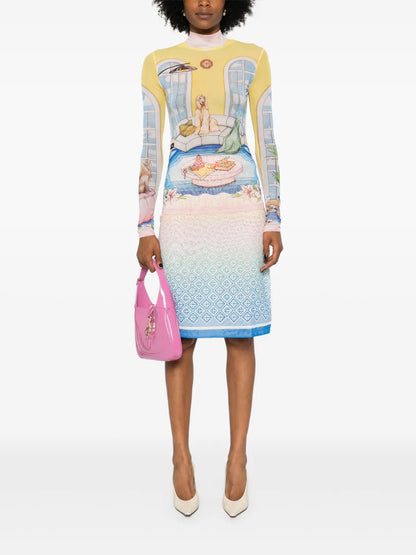 Illustration-Style Print Mesh Top