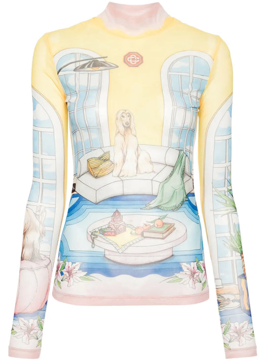 Illustration-Style Print Mesh Top