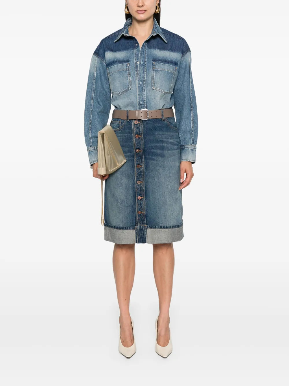 Mid-Rise Denim Midi Skirt