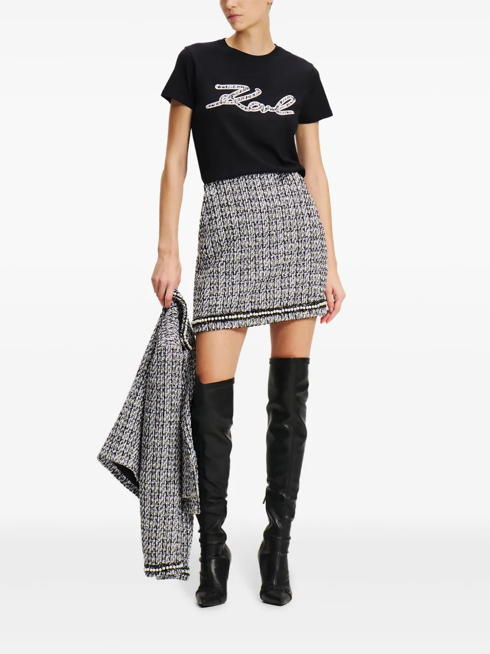 Pearl-Embellished Bouclé Mini Skirt