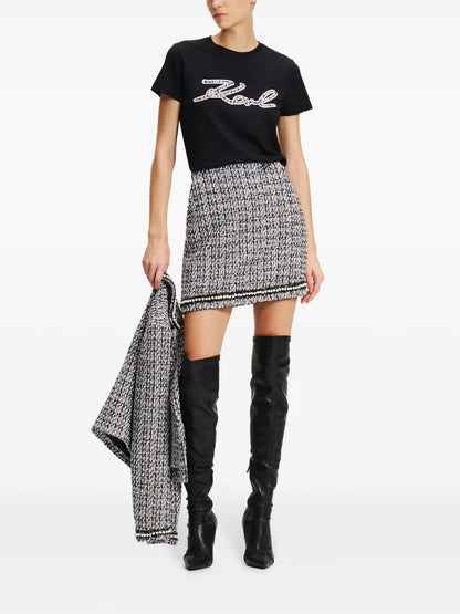 Pearl-Embellished Bouclé Mini Skirt