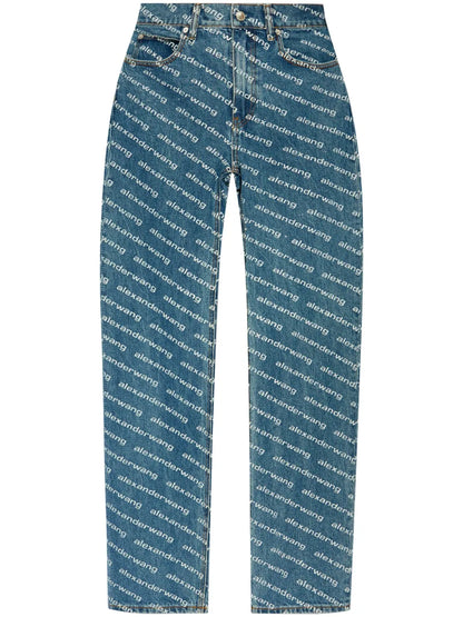 Logo Print Sequined Mid-Rise Straight Leg Trousers