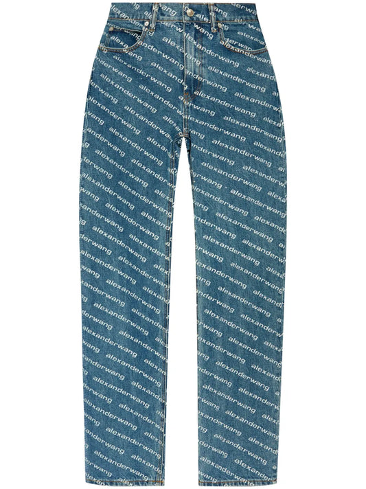 Logo Print Sequined Mid-Rise Straight Leg Trousers