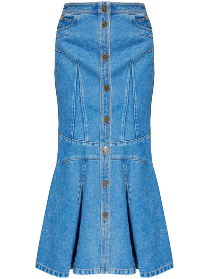 Flared-Hem Panelled Denim Maxi Skirt