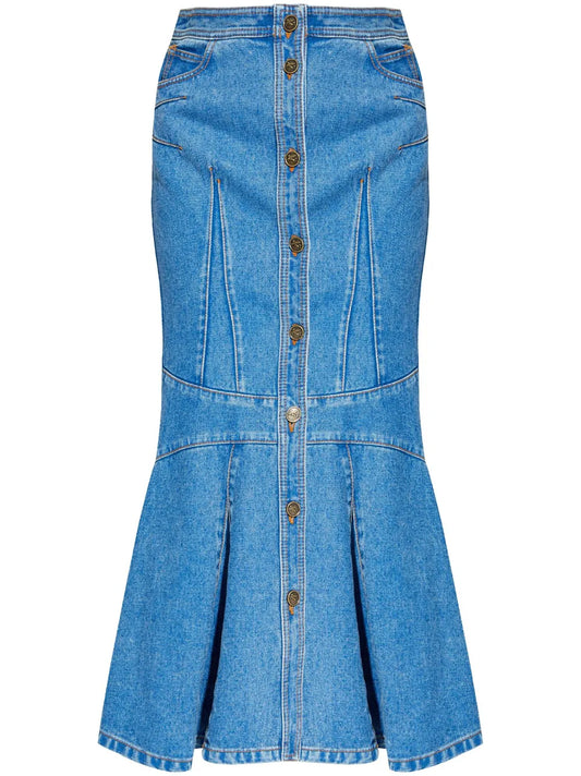 Flared-Hem Panelled Denim Maxi Skirt