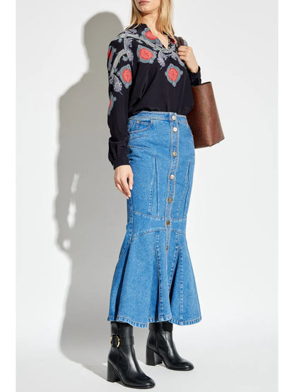 Flared-Hem Panelled Denim Maxi Skirt