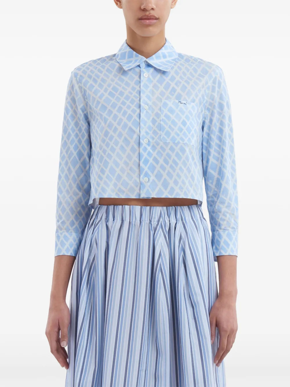 Grid-Print Cropped Poplin Shirt