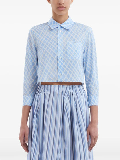 Grid-Print Cropped Poplin Shirt
