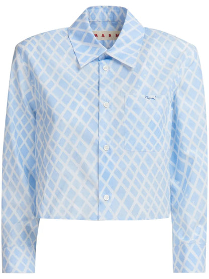 Grid-Print Cropped Poplin Shirt