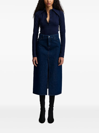 Ille Front-Slit Denim Midi Skirt
