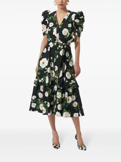 Rose-Print Cotton Midi Dress