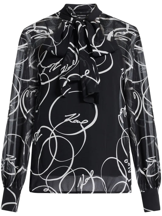 Circle-Print Bow Blouse