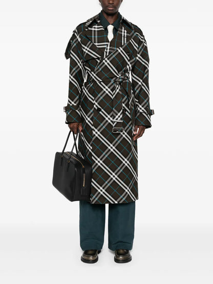 Long Check Cotton Blend Trench Coat