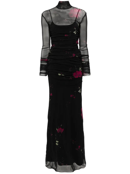 Rose-Print Tulle Maxi Dress