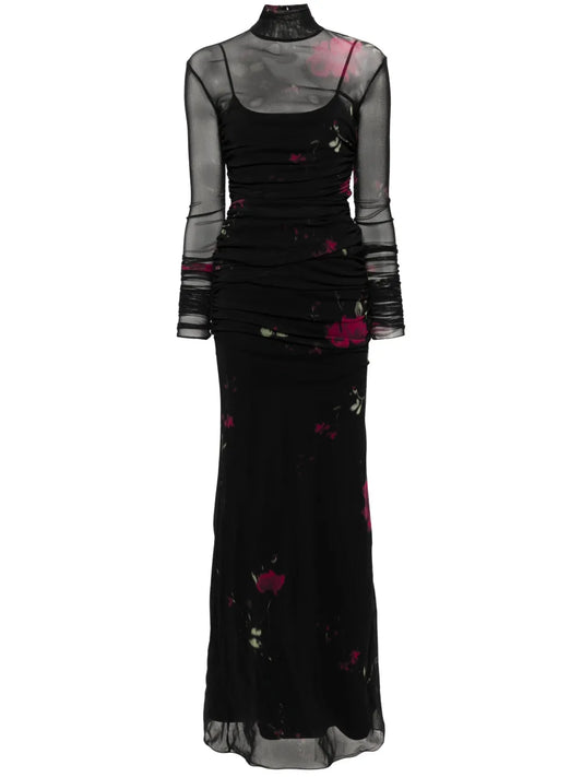 Rose-Print Tulle Maxi Dress