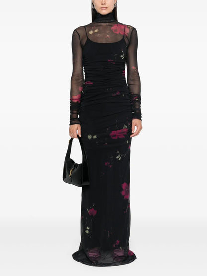 Rose-Print Tulle Maxi Dress