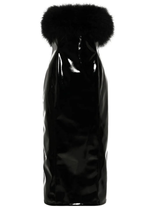 Marabou-Feathers Patent Midi Dress