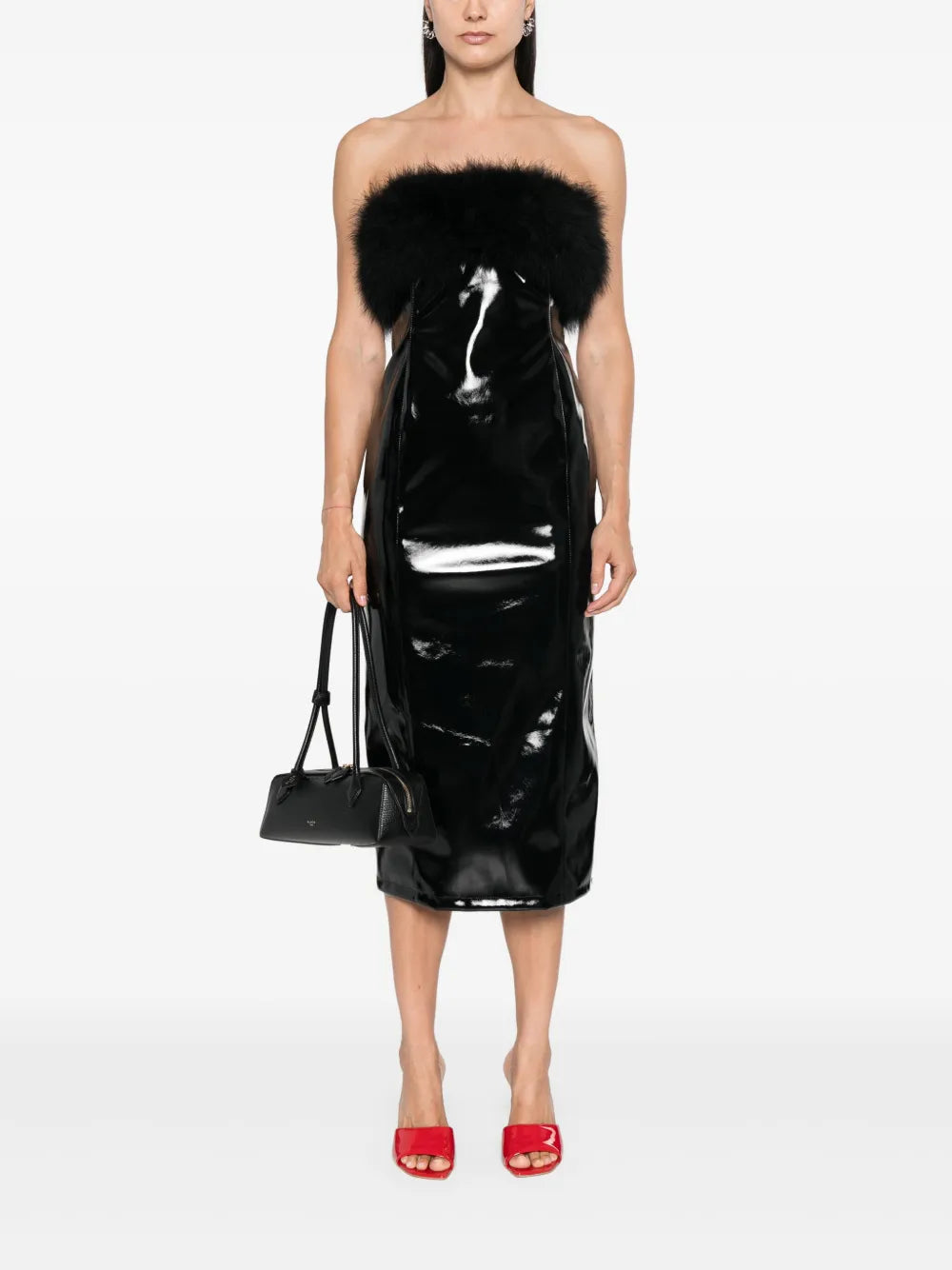 Marabou-Feathers Patent Midi Dress