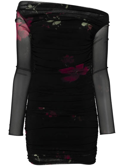 Rose-Print Tulle Mini Dress