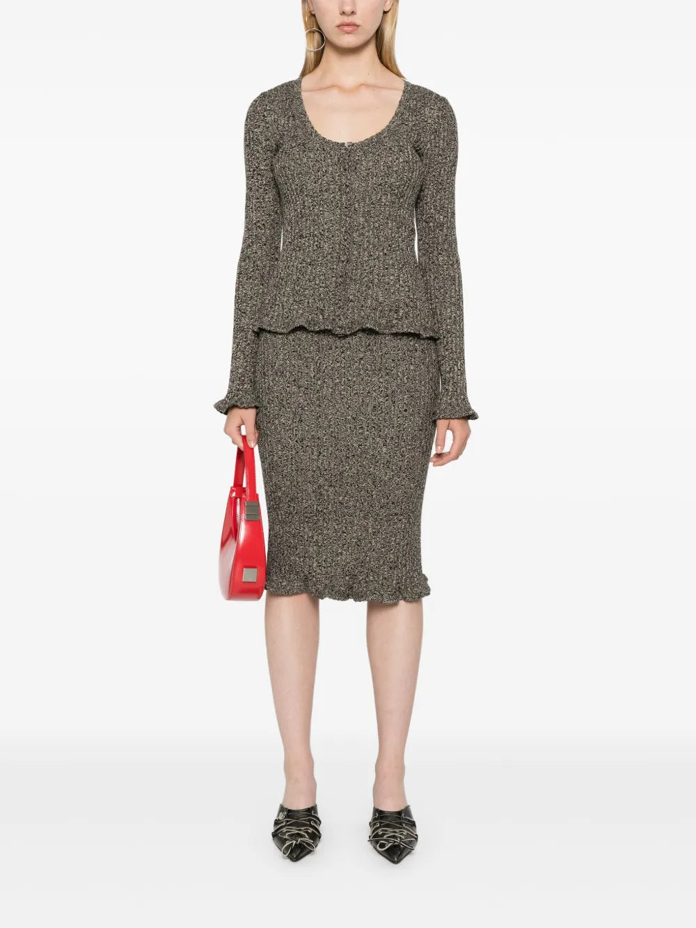 Mélange Ruffled Ribbed Midi Skirt