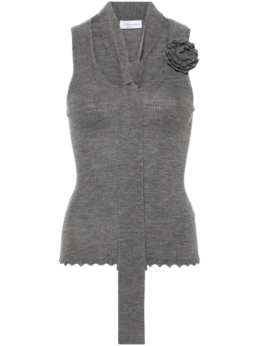 Floral-Appliqué Knitted Tank Top