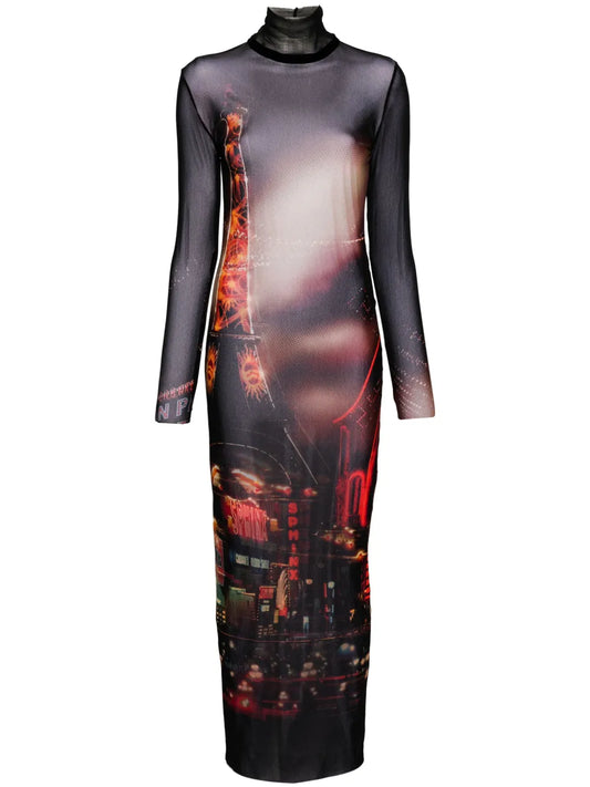 Pigalle-Print Tulle Maxi Dress