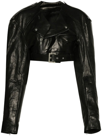 Collarless Cropped Biker Jacket