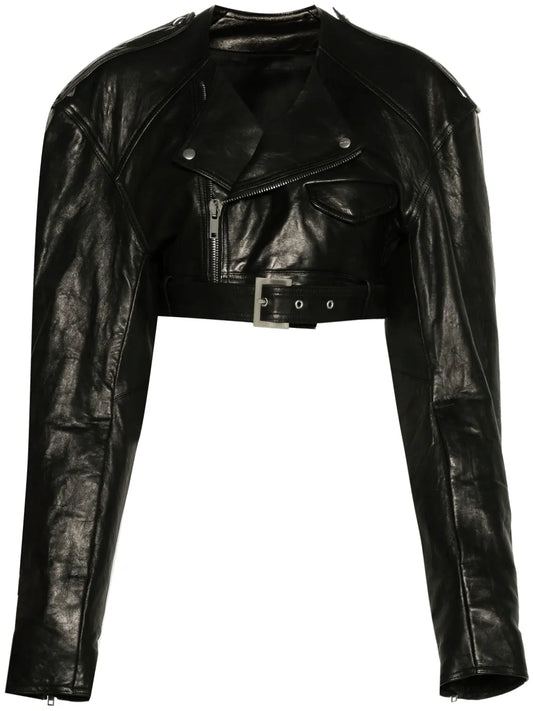 Collarless Cropped Biker Jacket