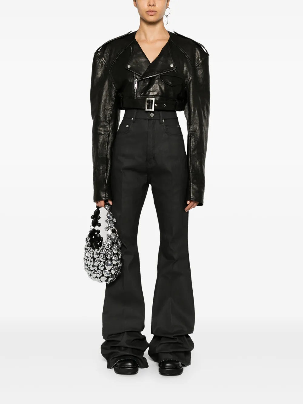 Collarless Cropped Biker Jacket