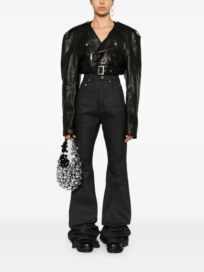 Collarless Cropped Biker Jacket