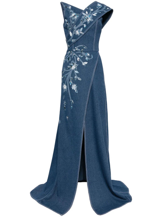 Floral-Print Denim Maxi Dress