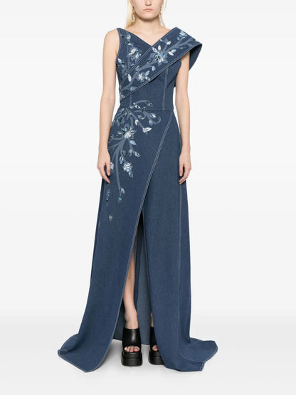 Floral-Print Denim Maxi Dress