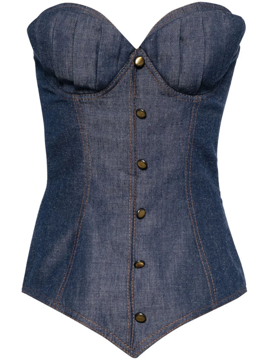 Button-Detail Denim Corset Top