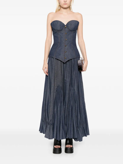 Button-Detail Denim Corset Top