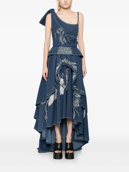 Floral-Embroidered Denim Maxi Dress