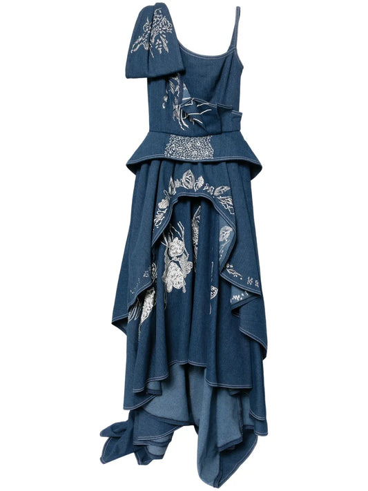 Floral-Embroidered Denim Maxi Dress